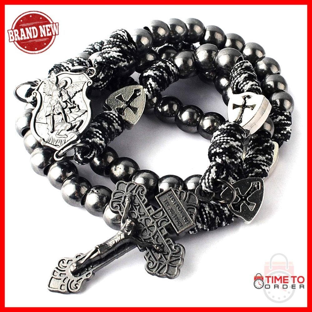Large Heavy Paracord Rosary Necklace with St Michael Centerpiece for Men